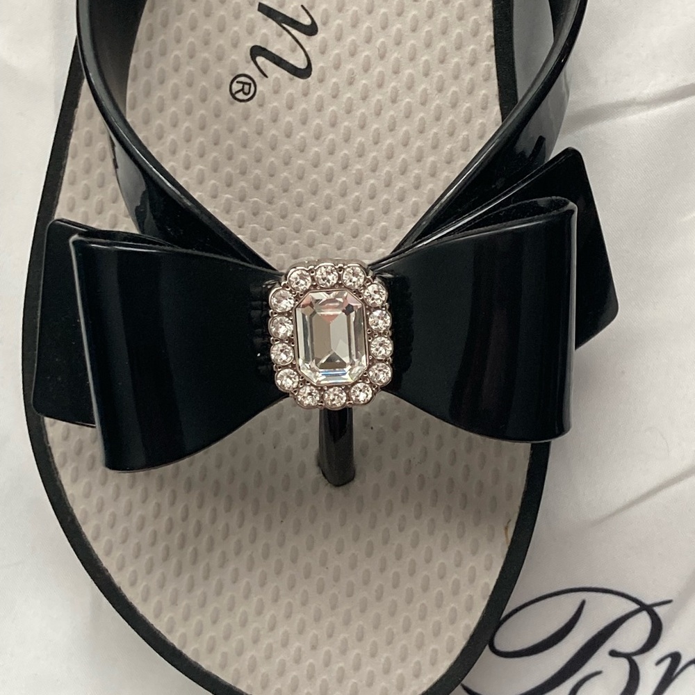 Brighton Black Sandals with Bow and Crystal Accent